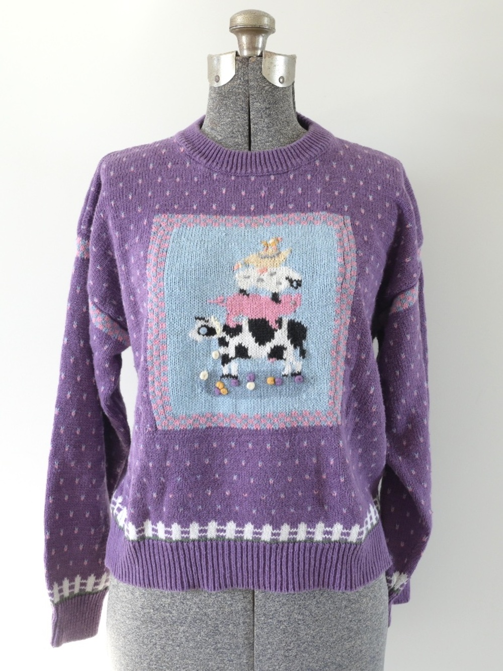 1980s-90s Northern Isles Petites Purple Sweater w/ Barnyard Animal Embroidery PM
